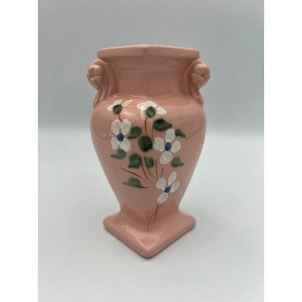 Vintage R.R.P. Co Roseville Ohio Pink Ceramic Bud Vase Hand Painted Floral 5.5